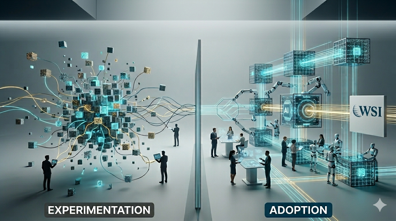 AI adoption vs experimentation showing unstructured AI use compared to organized business implementation with teams and systems