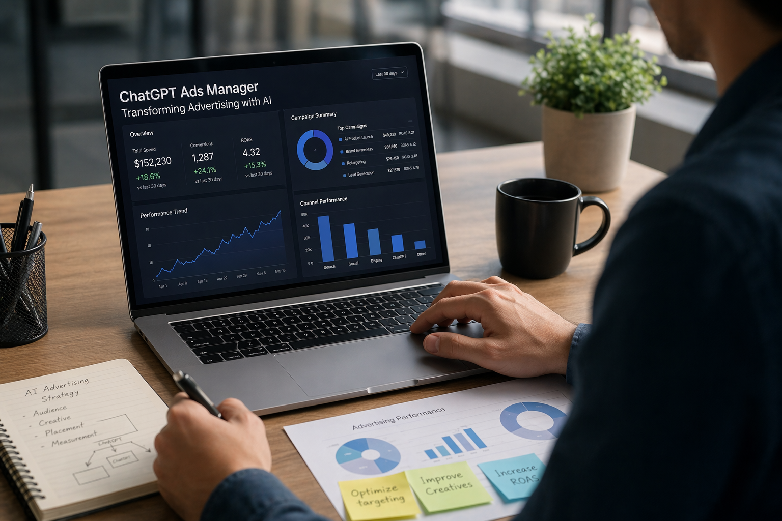 Professional reviewing ChatGPT Ads Manager dashboard with AI-driven advertising performance metrics and campaign data