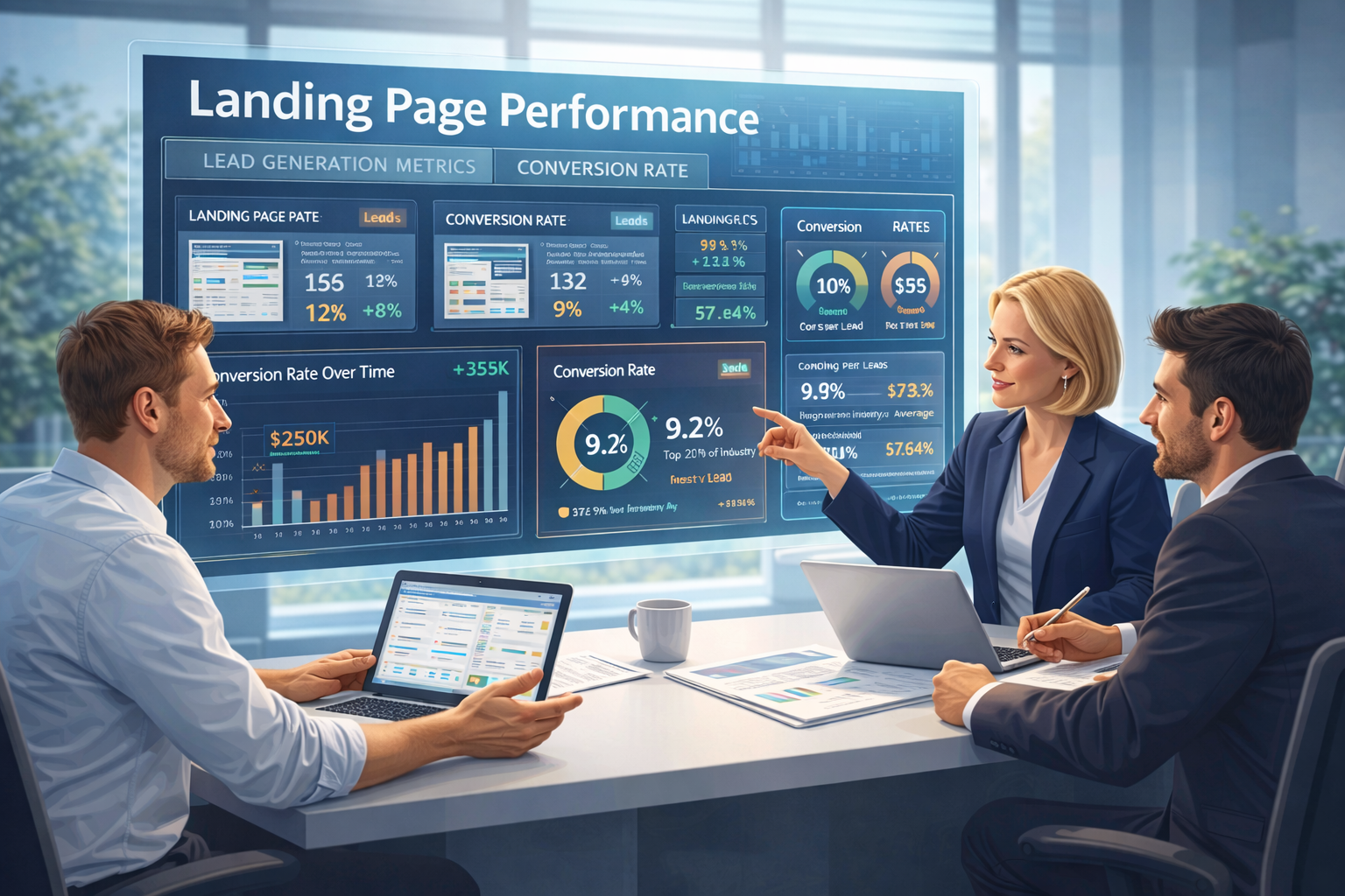 Marketing team reviewing landing page performance metrics including conversion rate and lead generation data on a dashboard