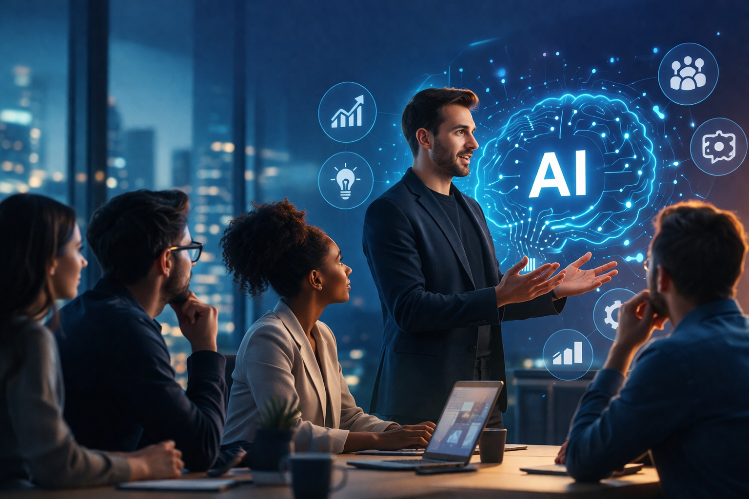 Business team participating in AI training session with digital AI interface and data visualization in a modern office environment