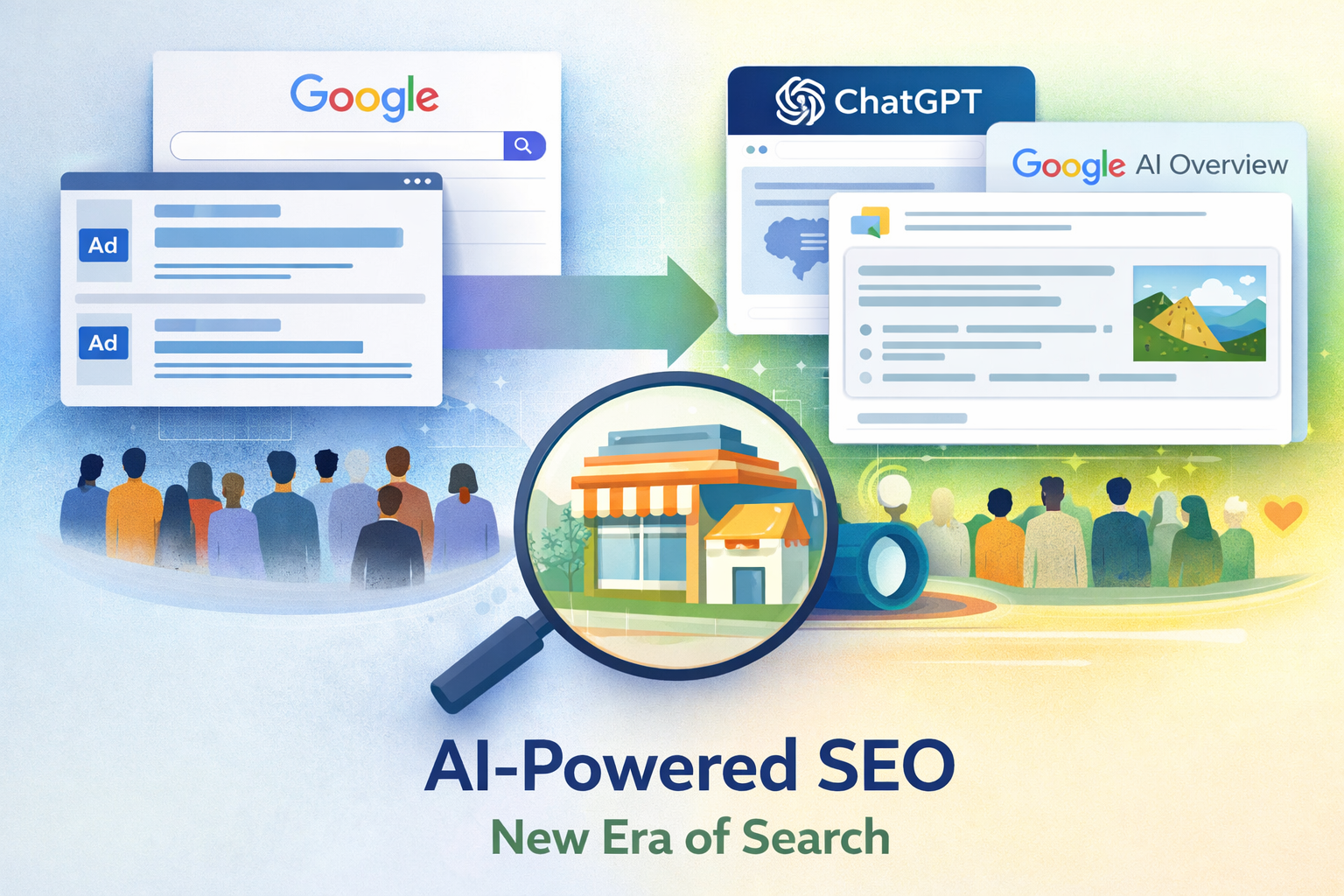 AI-Powered SEO in 2026 AI-powered SEO concept showing shift from traditional search to AI platforms like ChatGPT and Google AI Overviews