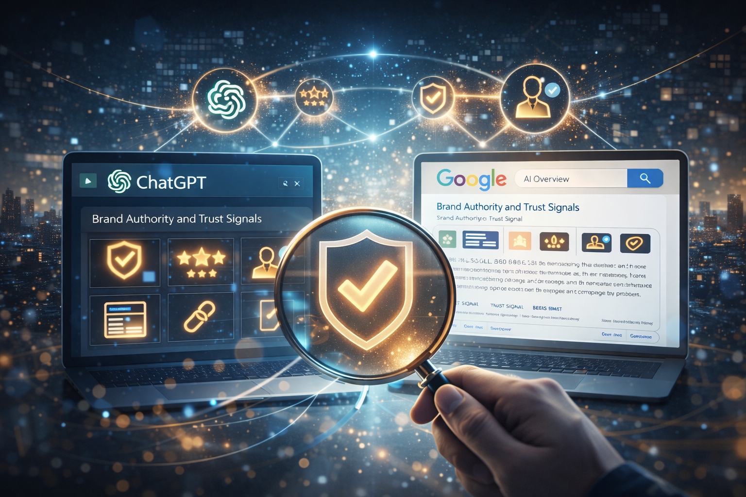 Illustration of brand authority and trust signals across AI search platforms like ChatGPT and Google AI Overviews