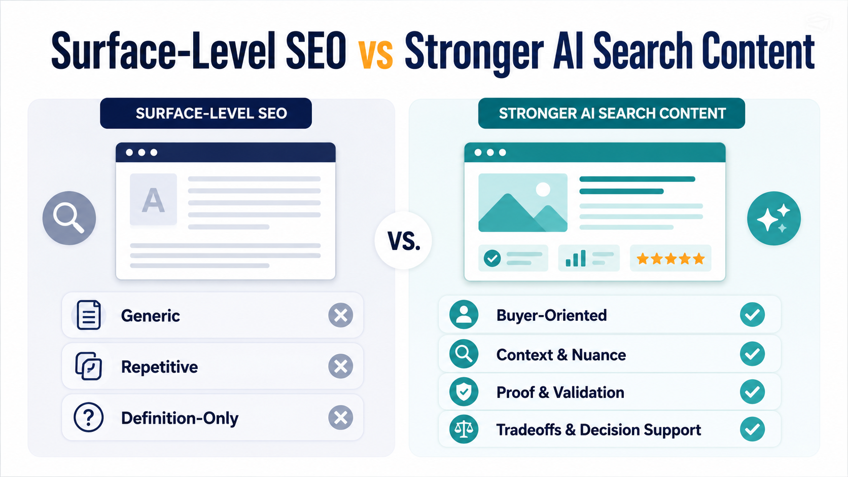 Comparison of surface-level SEO and stronger AI search content showing how buyer-oriented content with proof, context, and decision support improves AI visibility