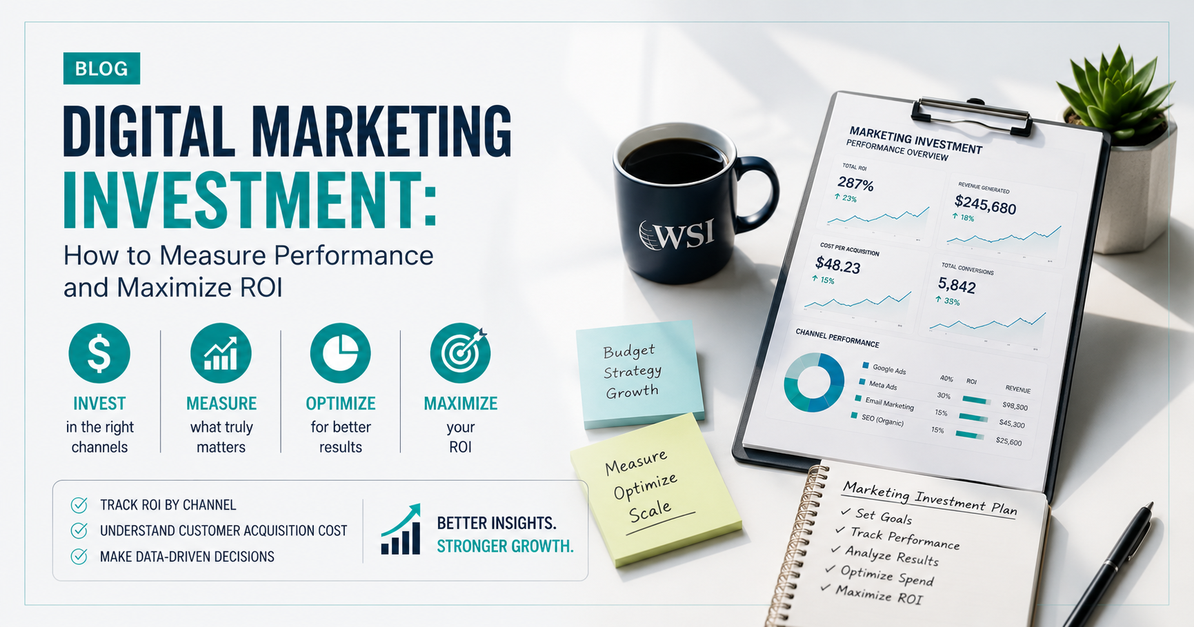 Digital marketing analytics dashboard showing ROI metrics, campaign performance, traffic sources, and channel investment results for business growth analysis