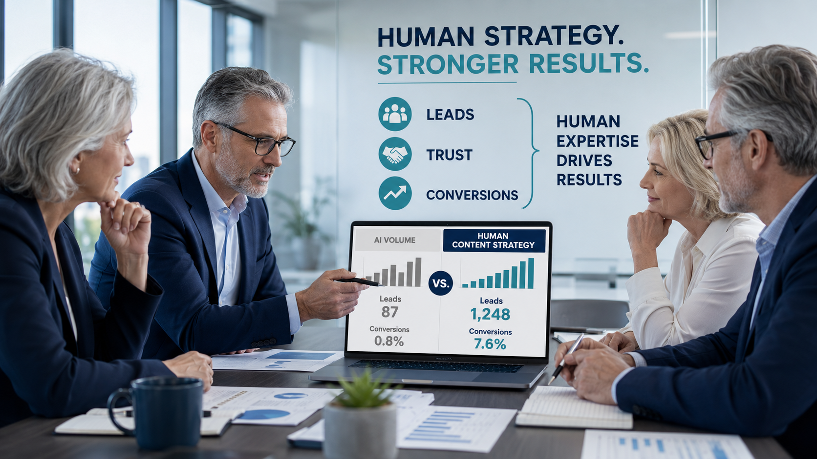 Marketing team reviewing human content strategy results with lead generation and conversion data compared to AI content volume